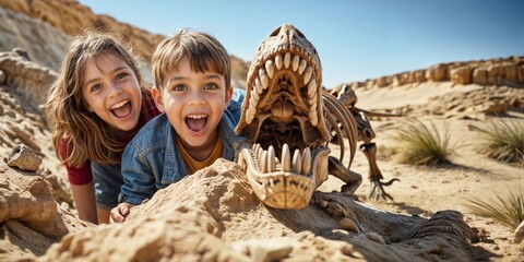 Dinosaur fossil. Kids dig skeleton. Archaeologist fun. Happy children playing archeology and paleontology. Historic museum with boy, girl and Dinosaur animal skull in sand. Fossil excavation school