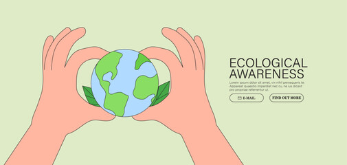 World Earth Day. Green energy, ESG, environmental, social and corporate governance banner concept. Renewable and sustainable resources. Environmental and ecology care. Hand embrace globe with leaves.