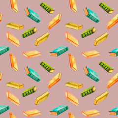 Antique books. Old-fahioned vintage watercolor clip art. Seamless pattern in retro style for prints on wallpaper, textiles, diy, scrapbooking for packaging