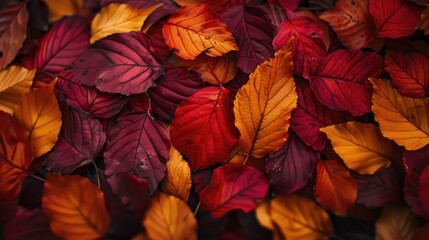 Close-up of autumn leaves with rich colors of red, orange, and yellow