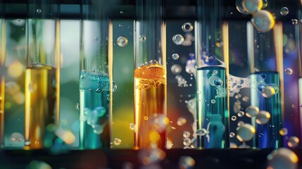 Close-up of chemical reactions in test tubes