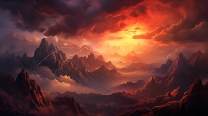a dramatic mountain range with fiery sunset clouds above.
