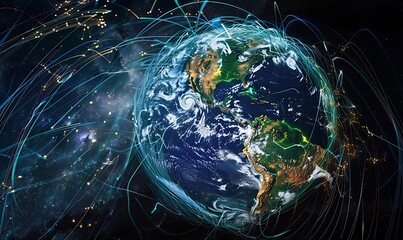 A digital matrix of data streams swirling around the Earth, illustrating the omnipresence of technology in shaping our global social interactions