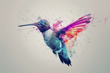 Digital art illustration of a hummingbird with vibrant splashes of color, depicting movement and beauty