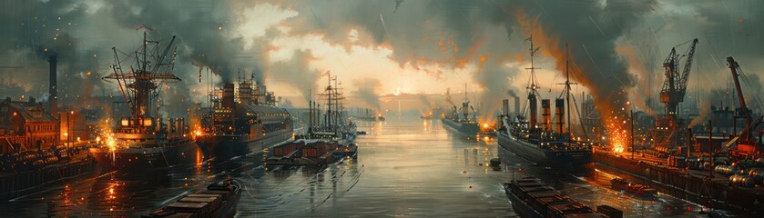 Fototapeta premium Create a realistic oil painting of a bustling factory. with sparks flying from the welding station Big moving crane and a freight train laden with goods in the foreground