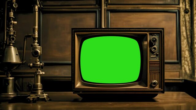 Steampunk vintage television with green screen
