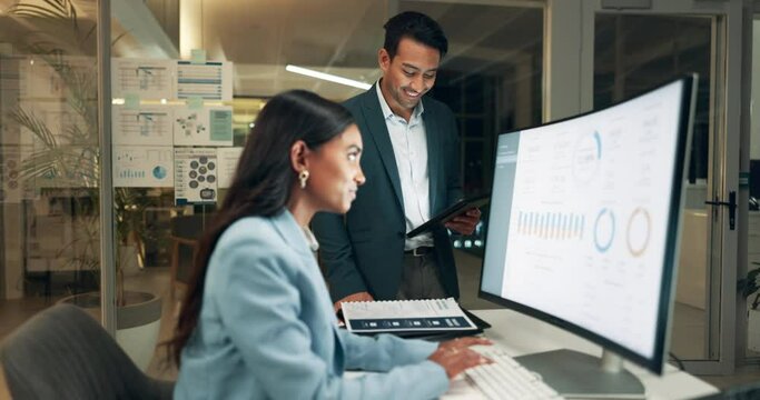 Business people, night and deadline on computer with leader giving time for data analytics report in office. Digital analyst with workaholic woman late, overtime and typing statistics of online sales