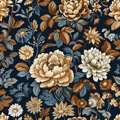 An old style floral and paisley pattern in the style of ancient persian art in blue and gold colors.
