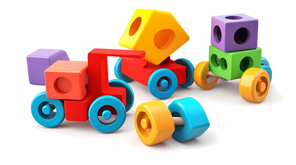 Set of 3 colorful classic toddler cutout or child's toys of car wheels, xylophone and geometric cubes isolated on white.