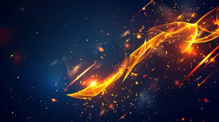 Vibrant abstract digital art featuring dynamic orange and yellow light streaks against a dark blue background with glowing particles.