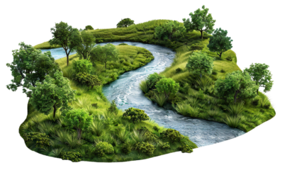 Winding river flowing through green picturesque landscape, cut out