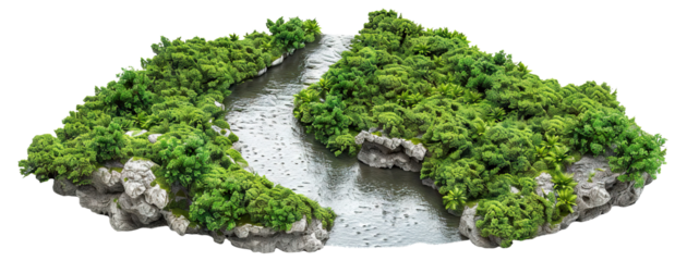 Winding river flowing through green picturesque landscape, cut out