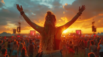 People enjoying music at Glastonbury Festival, UK.