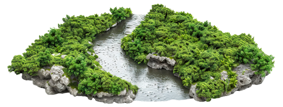 Winding river flowing through green picturesque landscape, cut out