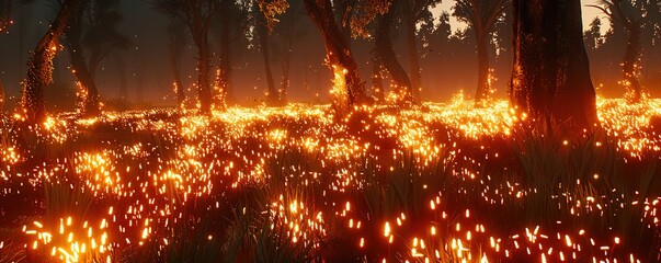 A photo of a burning forest taken at night