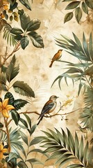 Modern wallpaper. Watercolor jungle illustration. Crane bird elements, watercolor painting wallpaper. Mural wallpaper. AI generated illustration