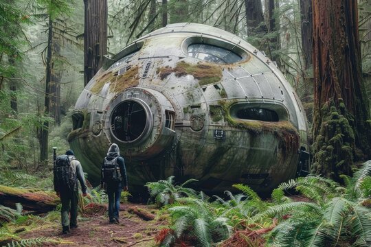 In this animated scene, an alien explores a lush green forest, surrounded by towering trees created by stock artificial intelligence