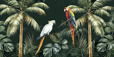 Jungle mural wallpaper design with parrot, colorful design, tropical and exotic. AI generated illustration
