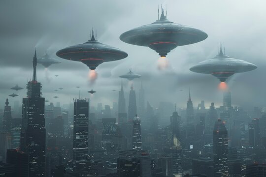 Using stock artificial intelligence, an alien mother ship hovers above a futuristic city with aliens on their way to the final destination
