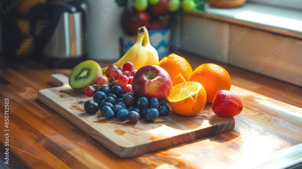 Wall mural Fruit resting on a wooden cutting board in the kitchen