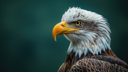 Obraz premium Full-length portrait of a majestic eagle perched on a solid green background. Showing its strength