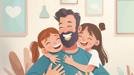 Whimsical illustration of a bearded father hugging his two children, with a backdrop of houseplants...