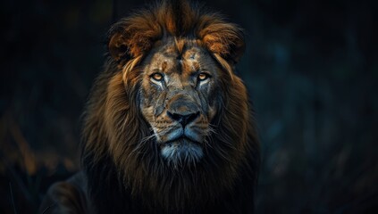 Obraz premium AI-generated lion stares at camera with selective focus on foreground