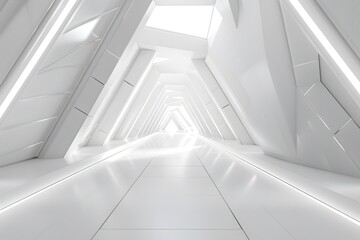 Empty Long Light Corridor. Modern white background. Futuristic Sci. Empty Long Light Corridor. Modern white background. Futuristic triangle Tunnel.