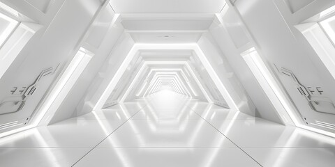 Empty Long Light Corridor. Modern white background. Futuristic Sci. Empty Long Light Corridor....