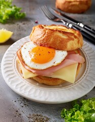 Gourmet croque monsieur with a fried egg, cheese, and ham on a white dish