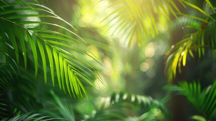 Close-up of tropical palm leaves with a blurred background of a rainforest