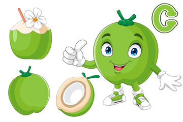 Cartoon young coconut fruit giving a thumb up