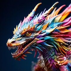 a colorful dragon head with ambient occlusio style on isolated on dark background