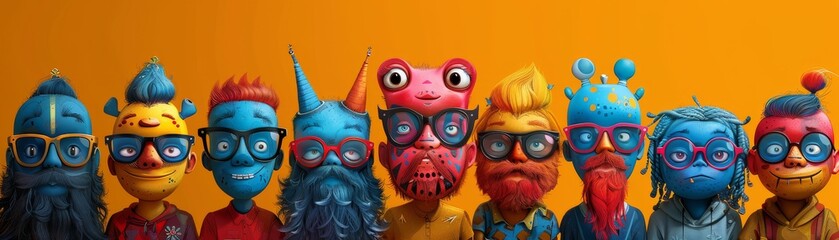 Fototapeta premium Vibrant modern cartoon characters in diverse styles and playful expressions, gathered in a festive setting.