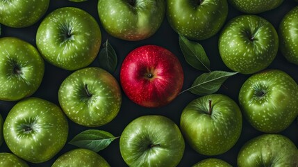 This red apple illustrates the concept of standing out for selection. It symbolizes uniqueness and attractiveness in an ocean of green apples.