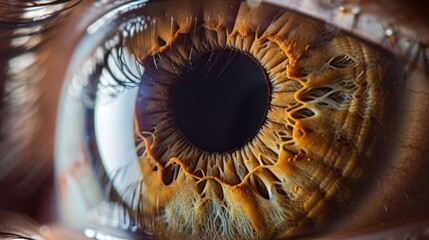 Artistic close-up photograph of a human eye, featuring the iris' mesmerizing patterns and colors, creating an extremely stunning image