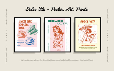 A large set of Vector posters on the theme of a sweet life in Italy, sweet tooth, hand-drawn drawings with interesting, inspiring phrases for the comfort of your home