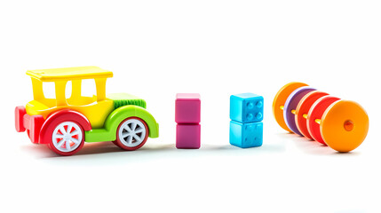 Set of 3 colorful classic toddler cutout or child's toys of car wheels, xylophone and geometric cubes isolated on white.