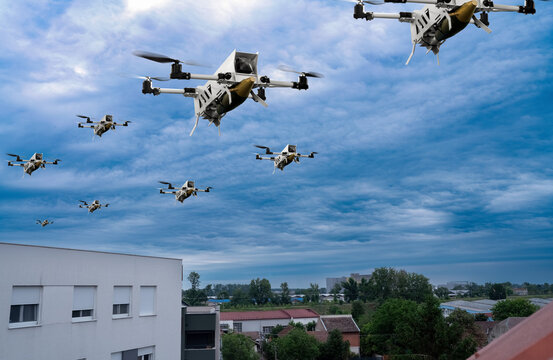 Military drones with air bombs fly over the city.
