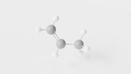 propene molecule 3d, molecular structure, ball and stick model, structural chemical formula alkene