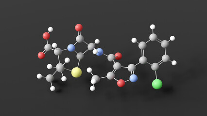 cloxacillin molecule 3d, molecular structure, ball and stick model, structural chemical formula antibiotic