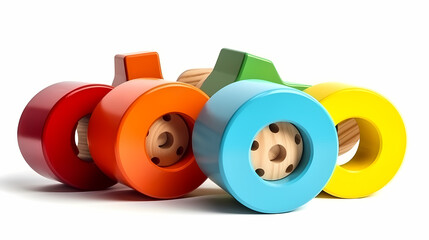 Set of 3 colorful classic toddler cutout or child's toys of car wheels, xylophone and geometric cubes isolated on white.
