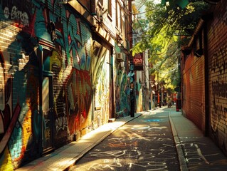 Vibrant alleyway featuring colorful street art on brick walls, illuminated by sunlight. Urban cityscape with artistic graffiti and murals.