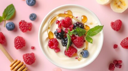 Top view of yogurt with a mix of fresh berries and a honey drizzle, set against a soft pastel pink background