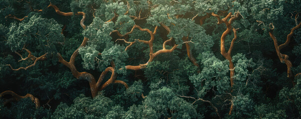 Fototapeta premium Aerial View of Lush Green Forest with intertwined Tree Canopies and Sunlight Creating Playful Shadows for Natural Serenity and Tranquility Landscape Art Photography Nature's Beauty