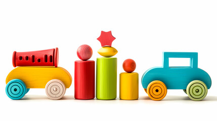 Naklejka premium Set of 3 colorful classic toddler cutout or child's toys of car wheels, xylophone and geometric cubes isolated on white.