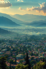 Fototapeta premium Breathtaking Aerial View of Serene Mountain City at Sunset, Captivating Landscape Photography Featuring Majestic Peaks, Charming Architecture, and Vibrant Atmosphere Under the Golden Sky
