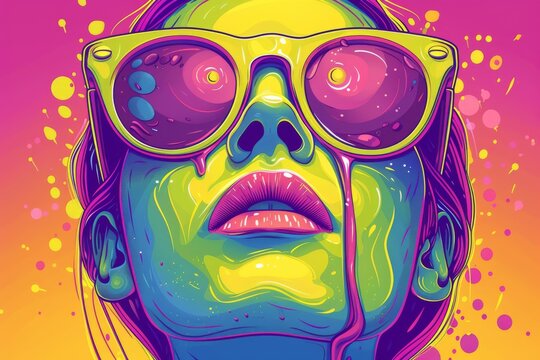 Colorful American mid-century Kapre in sunglasses, flat vector design in disco purple, hot pink, lime, and slime green.