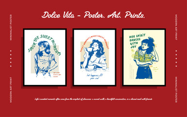 A large set of Vector posters on the theme of a sweet life in Italy, sweet tooth, hand-drawn drawings with interesting, inspiring phrases for the comfort of your home