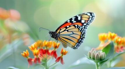 Monarch Butterfly Feeding on Orange and Red Flowers in a Garden